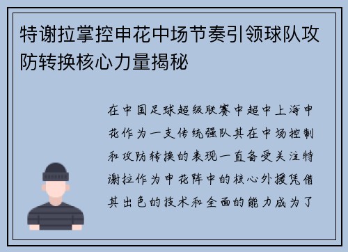 特谢拉掌控申花中场节奏引领球队攻防转换核心力量揭秘