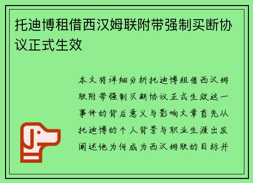 托迪博租借西汉姆联附带强制买断协议正式生效